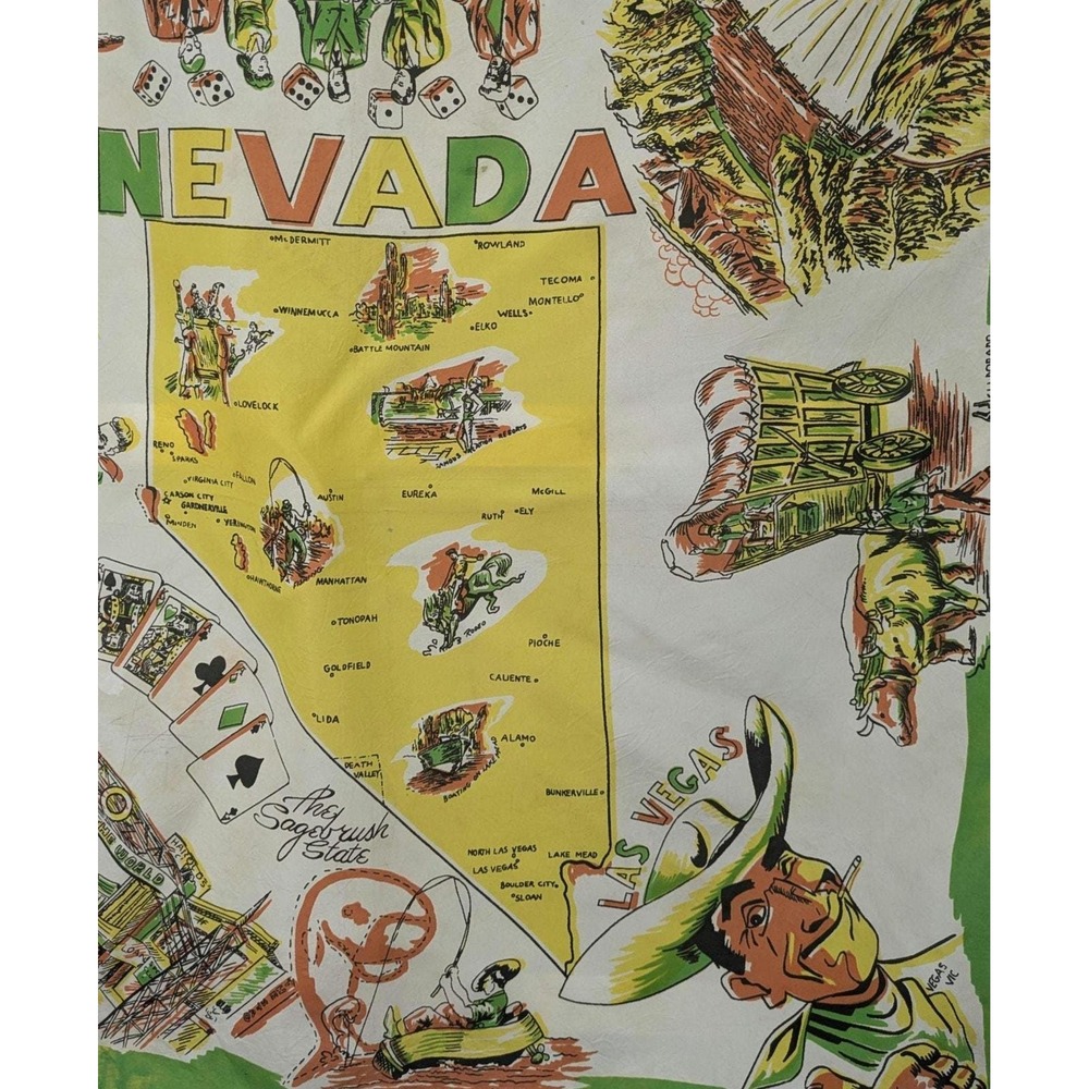 Vintage 1940s Las Vegas Nevada Rayon Novelty Print Souvenir Scarf Colorful